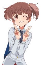  1girl alisa_(girls_und_panzer) backpack bag blazer blue_necktie brown_eyes brown_hair commentary_request double_v dress_shirt freckles girls_und_panzer grey_jacket grin hair_ornament jacket kayabakoro long_sleeves looking_at_viewer necktie one_eye_closed saunders_school_uniform school_uniform shirt short_hair short_twintails simple_background smile solo star_(symbol) star_hair_ornament sweatdrop twintails upper_body v white_background white_shirt wing_collar 