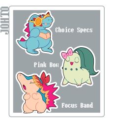  :d :o animal_focus animal_hands blue_fur border bow chikorita choice_specs closed_eyes cyndaquil fangs fire focus_band full_body grey_background hairband highres leaf no_humans nose_poke000 open_mouth pink_bow pokemon pokemon_(creature) red_hairband simple_background smile standing starter_pokemon_trio totodile white_border yellow_fur 