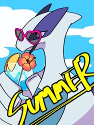  animal_focus black_eyes blue_sky cup drinking_straw fang flower food fruit heart heart-shaped_eyewear hibiscus highres holding holding_cup ice ice_cube lemon lemon_slice looking_to_the_side lugia no_humans nose_poke000 orange_flower pink-framed_eyewear pokemon pokemon_(creature) simple_background skin_fang sky solo summer sunglasses upper_body 