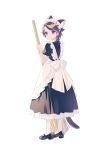  1boy :&lt; absurdres alternate_costume animal_ear_fluff animal_ears apron ayame_(3103942) back_bow bamboo_broom black_dress black_hair blonde_hair blush bow broom cat_boy cat_ears cat_tail closed_mouth commentary_request crossdressing dress enmaided eyeshadow frilled_apron frilled_dress frills full_body highres holding holding_broom looking_at_viewer looking_back maid maid_apron maid_headdress makeup male_focus medium_hair multicolored_hair nijisanji nijisanji_en parted_bangs pink_hair puffy_short_sleeves puffy_sleeves purple_hair red_eyeshadow shoes short_sleeves shu_yamino sidelocks simple_background solo standing streaked_hair swept_bangs tail violet_eyes virtual_youtuber white_apron white_background white_bow white_footwear 