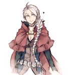  1boy ahoge blue_eyes braid braided_ponytail capelet fire_emblem fire_emblem_fates genderswap hotate_rayan male_focus nina_(fire_emblem) parted_bangs pectorals red_capelet solo white_hair 