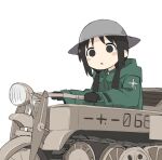  1girl :o black_eyes black_gloves black_hair blush_stickers brodie_helmet chito_(shoujo_shuumatsu_ryokou) coat combat_helmet fusazakura gloves green_coat half-track helmet highres kettenkrad low_twintails military_uniform military_vehicle no_nose shoujo_shuumatsu_ryokou twintails uniform white_background 