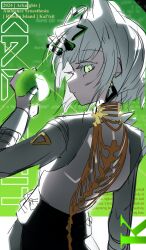  1girl absurdres animal_ears arknights closed_mouth colored_eyelashes english_text from_behind green_background green_eyes grey_hair grey_shirt hand_up highres holding hp_1_(user_trjt3473) kal'tsit_(arknights) long_sleeves looking_at_viewer looking_back mirrored_text shirt solo 