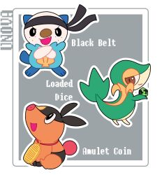  :d amulet_coin animal_focus animal_hands belt black_belt black_eyes black_hairband blue_fur border brown_eyes coin fangs full_body grey_background hairband highres loaded_dice_(pokemon) looking_at_viewer no_humans nose_poke000 oshawott pig pokemon pokemon_(creature) simple_background smile snake snivy standing starter_pokemon_trio tepig white_border 