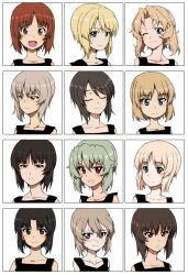  6+girls :d ;) alternate_hairstyle anchovy_(girls_und_panzer) aqua_eyes aqua_hair black_eyes black_hair blonde_hair blue_eyes brown_eyes brown_hair collarbone commentary_request darjeeling_(girls_und_panzer) girls_und_panzer grey_hair grin highres itsumi_erika katyusha_(girls_und_panzer) kay_(girls_und_panzer) kayabakoro looking_at_viewer marie_(girls_und_panzer) mika_(girls_und_panzer) multiple_girls nishi_kinuyo nishizumi_maho nishizumi_miho nishizumi_shiho one_eye_closed open_mouth shimada_arisu short_hair smile 