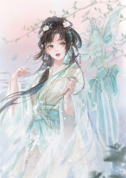  1girl aqua_nails bracelet brown_eyes brown_hair character_request chinese_clothes chinese_commentary commentary_request cowboy_shot earrings eyelashes floating_hair flower flower_earrings green_hanfu hair_bun hair_flower hair_ornament hair_tubes half_updo hand_up hanfu highres holding_kite jewelry light_particles lipstick long_hair long_sidelocks long_sleeves looking_at_viewer makeup mismatched_eyebrows nail_polish nikki_(series) parted_lips red_lips shining_nikki sidelocks single_hair_bun single_hair_tube single_sidelock situ_ming_ling_hua_yi smile solo standing sunset tassel tassel_earrings teeth upper_teeth_only very_long_hair white_flower white_sleeves wide_sleeves willow wind 