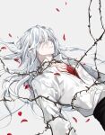 1boy bishounen closed_eyes closed_mouth collared_shirt falling_petals i_became_a_god_in_a_horror_game long_hair lying male_focus multiple_boys petals shirt solo tavel thorns upper_body very_long_hair white_hair white_shirt zaphylla 