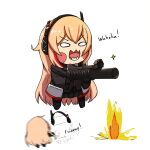  0w0 1girl :3 artist_name black_gloves black_jacket blonde_hair blush_stickers chibi commission exonessis explosion girls_frontline gloves gun hair_between_eyes headgear highres holding holding_gun holding_weapon jacket long_hair long_sleeves m4_sopmod_ii_jr motion_lines multicolored_hair multiple_views recoil redhead simple_background smile standing star_(symbol) streaked_hair weapon white_background 