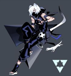  1girl animal animal_ears arknights armband black_armband black_gloves black_pants ear_piercing eda english_commentary fingerless_gloves fingernails full_body gloves grey_background hair_over_one_eye hood hood_down mask ninj pants piercing sharp_fingernails shirayuki_(arknights) short_hair sleeveless sleeveless_jacket solo standing standing_on_one_leg tail weasel weasel_ears weasel_girl weasel_tail white_eyes white_hair 