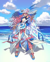  1boy beach black_jacket blue_hair blue_jacket blue_sky clouds cloudy_sky commentary_request day eda full_body glint gradient_hair guitar hat holding holding_guitar holding_instrument holding_plectrum instrument jacket long_hair looking_at_viewer male_focus multicolored_hair ocean original outdoors pants pink_hair pink_pants plectrum sky sleeveless sleeveless_jacket solo standing sun_hat two-sided_fabric two-sided_jacket very_long_hair 