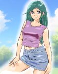  1girl aqua_hair blue_eyes blue_skirt blue_sky breasts choudenji_robo_combattler_v clouds day denim denim_skirt highres long_hair medium_breasts miniskirt mizumori_keiichi nanbara_chizuru navel outdoors purple_shirt shirt skirt sky sleeveless sleeveless_shirt solo 