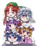  5girls bat_wings beret blonde_hair blue_hair blush braid closed_eyes closed_mouth commentary crescent crescent_hat_ornament cup dress flandre_scarlet frown green_headwear grey_hair hat hat_ornament hat_ribbon highres holding holding_cup hong_meiling izayoi_sakuya izumi_no_yasushi_aya long_hair looking_at_viewer maid_headdress mob_cap multiple_girls one_eye_closed open_mouth patchouli_knowledge pink_dress purple_hair red_eyes redhead remilia_scarlet ribbon short_hair siblings side_ponytail simple_background sisters sketch smile star_(symbol) star_hat_ornament tea touhou twin_braids violet_eyes wings 