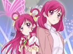  2girls artist_logo back-to-back blazer bug butterfly butterfly_brooch butterfly_earrings closed_mouth collared_shirt commentary_request cure_dream earrings frilled_sleeves frills glowing_butterfly hair_ribbon highres holding_hands jacket jewelry kibou_no_chikara_~otona_precure_&#039;23~ long_hair looking_at_viewer magical_girl medium_hair multiple_girls parted_lips partial_commentary pink_hair pink_jacket precure puffy_short_sleeves puffy_sleeves ribbon shirt short_sleeves smile time_paradox two_side_up violet_eyes white_shirt yellow_ribbon yes!_precure_5 yes!_precure_5_gogo! yumehara_nozomi zero-theme 