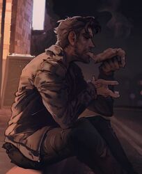  1boy beard black_pants closed_eyes dream_daddy:_a_dad_dating_simulator eating facial_hair food highres jacket leather leather_jacket long_sleeves night outdoors pants pizza pizza_slice robert_small sevvanto sitting solo 