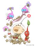  1boy alien backpack bag big_nose black_eyes blanket blue_eyes brown_hair closed_eyes closed_mouth colored_skin commentary_request cookie flower flying food gloves helmet holding holding_blanket holding_cookie holding_food insect_wings leaf naru_(wish_field) no_mouth olimar patch pikmin_(creature) pikmin_(series) pink_flower pink_skin pointy_ears pointy_nose purple_flower radio_antenna red_bag red_eyes red_gloves red_light red_pikmin red_skin shadow short_hair sitting smile solid_circle_eyes space_helmet spacesuit star-shaped_cookie star-shaped_food star_(symbol) translation_request very_short_hair whistle white_background white_pikmin white_skin winged_pikmin wings 