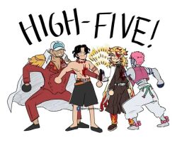 high_five kimetsu_no_yaiba multiple_boys one_piece portgas_d._ace portgas_d_ace sakazuki_(akainu) short_hair