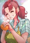  1girl aosora2823 apron artist_name bellemere cigarette closed_eyes collared_shirt food fruit green_apron green_shirt highres holding holding_food holding_fruit long_hair mandarin_orange mature_female one_piece orange_(fruit) ponytail redhead shaved_head shirt short_sleeves smile smoking solo teeth upper_body watermark 