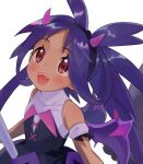  1girl :d abe_(kumayu) bare_shoulders blush dark-skinned_female dark_skin dress fake_horns fangs halloween_costume horns iris_(fall_2022)_(pokemon) iris_(pokemon) long_hair open_mouth pokemon pokemon_(game) pokemon_masters_ex purple_hair red_eyes sleeveless sleeveless_dress smile solo twintails very_long_hair white_background 