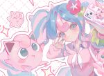  1girl blue_eyes cardigan cellphone fairy_miku_(project_voltage) flower gyun_0508 hair_flower hair_ornament hatsune_miku jigglypuff long_hair looking_at_viewer multicolored_hair nail_polish phone pink_cardigan pink_nails pokemon pokemon_(creature) project_voltage scrunchie selfie twintails two-tone_hair very_long_hair vocaloid wrist_scrunchie 