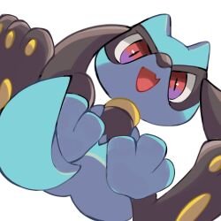  1other :d animal_hands black_fur blue_fur fang full_body furry highres looking_at_viewer nose_poke000 open_mouth pawpads pokemon pokemon_(creature) red_eyes riolu simple_background sitting skin_fang smile snout solo two-tone_fur white_background 