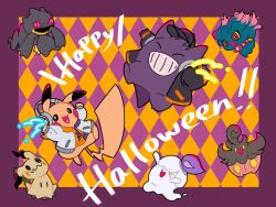  &gt;_&lt; :d @_@ animal_focus animal_hands banette baseball_cap black_eyes black_hat black_jacket border closed_eyes clothed_pokemon colored_sclera full_body gengar hat headphones jacket litwick looking_at_viewer mimikyu misdreavus no_humans nose_poke000 orange_shirt pikachu pokemon pokemon_(creature) pumpkaboo purple_border red_eyes shirt simple_background smile standing white_jacket yellow_background yellow_eyes yellow_fur yellow_sclera 