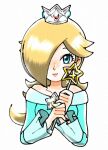  1girl bare_shoulders blonde_hair blue_dress blue_eyes brooch closed_mouth crown dress eyelashes hair_over_one_eye highres holding holding_wand jewelry long_hair long_sleeves looking_at_viewer mzg04 off-shoulder_dress off_shoulder rosalina smile solo star_brooch super_mario_bros. super_mario_galaxy upper_body wand white_background 