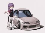  1girl :3 black_shirt blue_hair bokuya car closed_mouth full_body gradient_hair highres indie_virtual_youtuber koima_rinne long_hair looking_at_viewer motor_vehicle multicolored_hair nissan_s15_silvia nissan_silvia pants pink_hair pointy_ears purple_hair shirt shoes sneakers solo standing virtual_youtuber white_pants yellow_eyes 