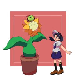  1girl :d bird black_hair black_hat black_socks blue_eyes border breast_pocket brown_shoes collared_shirt earrings flower flower_pot full_body hat highres jewelry kris_(pokemon) looking_at_another natu necktie nose_poke000 pocket pokemon pokemon_(creature) pokemon_adventures pokemon_gsc pokemon_sv purple_necktie purple_shorts red_background school_uniform shirt shoes shorts simple_background smile socks standing star_(symbol) star_earrings sunflora uva_academy_school_uniform white_border white_shirt yellow_flower 