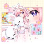  1girl 1yen_(zxc-vbnm) animal_ears braided_hair_rings carrot_hair_ornament fake_animal_ears flower food-themed_hair_ornament hair_ornament headband highres nightgown nijisanji pink_flower pink_hair pink_nightgown solo stuffed_animal stuffed_rabbit stuffed_toy suo_sango suo_sango_(2nd_costume) violet_eyes virtual_youtuber white_headband 