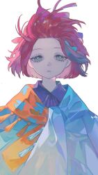  1girl bangs_blown_up blue_bow blue_dress blue_eyes blue_scarf bow collared_dress dress flutterpage hair_bow highres looking_at_viewer mbembe multiple_hair_bows orange_scarf parted_lips purple_hair red_bow reverse:1999 scarf solo two-tone_scarf upper_body white_background 