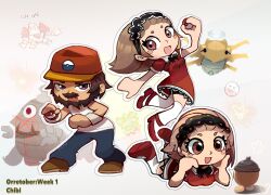 1boy 2girls :d absurdres beard black_hairband black_shorts blush_stickers brown_hair brown_shoes chibi dress dusclops electrode electrode_(pokemon) facial_hair feet_up hairband hat highres holding holding_poke_ball lying mixed-language_commentary multiple_girls mustache on_stomach open_mouth pants pineco poke_ball pokemon pokemon_(creature) pokemon_colosseum ragou2niko red_dress red_shoes regirock seedot shedinja shirt shoes shorts shorts_under_dress sleeveless sleeveless_shirt smile supertrainer_(pokemon) thigh-highs white_shirt white_thighhighs