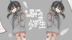  1girl absurdres ahoge backpack bag bandaid bandaid_on_leg black_hair blurry brown_eyes depth_of_field drawstring dual_persona expressionless floating_hair grey_background grey_hoodie hair_between_eyes hair_bobbles hair_ornament half-closed_eyes hands_in_pockets highres himitsu_no_shougakusei_(vocaloid) hood hood_down hoodie kaai_yuki looking_at_viewer low_twintails musical_note musical_note_print paper pink_bag r_grey1204 randoseru short_twintails sideways_glance twintails vocaloid wind 