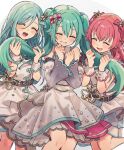  3girls ^_^ bare_shoulders belt black_belt blush buttons clenched_hand closed_eyes detached_sleeves double-breasted dress facing_viewer fang feet_out_of_frame gradient_sleeves green_hair grin hair_ornament hair_ribbon hands_up hatsune_miku highres hinomori_shizuku holding_another&#039;s_hair layered_dress long_hair long_sleeves matching_outfits momoi_airi multiple_girls official_alternate_costume open_mouth project_sekai puffy_long_sleeves puffy_sleeves redhead ribbon sleeveless sleeveless_dress smile standing striped striped_ribbon twintails two_side_up uminokaisen vocaloid white_background white_dress wide_sleeves wrist_cuffs 