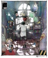  1boy 1girl artist_name bird black_hair blonde_hair blue_eyes book bookshelf border closed_mouth commentary_request crt curtains cyanporoco dress duck frown full_body heart hugging_doll hugging_object indoors korean_commentary laboratory lever looking_at_viewer original pinafore_dress red_dress scientist shirt short_hair sleeveless sleeveless_dress standing steam television white_border white_shirt window 