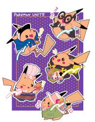  animal_focus animal_hands apron baseball_cap black_jacket blue_bow blue_hoodie border bow bowtie brown_apron chef_hat clothed_pokemon cupcake fang flower food full_body green_jacket hat highres holding holding_plate hood hoodie jacket looking_at_viewer multiple_views musical_note no_humans nose_poke000 one_eye_closed open_mouth pikachu pink_bow pink_bowtie pink_flower plate pokemon pokemon_(creature) pokemon_unite purple_background round_eyewear shirt simple_background solo standing white_border white_hat white_shirt yellow_fur 