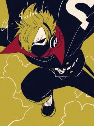  1boy abunaideka belt black_cape blonde_hair cape commentary_request curly_eyebrows hair_over_one_eye headphones highres male_focus mask mouth_mask neckerchief one_piece red_neckerchief sanji_(one_piece) short_hair smoke solo sunglasses twitter_username 