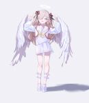  1girl angel angel_wings blush bow chouzetsusaikawa_tenshi-chan chouzetsusaikawa_tenshi-chan_(cosplay) cosplay feathered_wings flower full_body grey_eyes grey_hair hair_flower hair_ornament hair_over_one_eye halo hands_up highres isekai_joucho kamitsubaki_studio long_hair long_sleeves looking_at_viewer multicolored_hair needy_girl_overdose open_mouth pointing pointing_up red_flower redhead school_uniform serafuku shadow shiraishi_kanoya simple_background skirt smile solo two-tone_hair virtual_youtuber white_background white_wings wings yellow_bow 