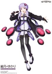  1girl anklet ayakura_juu bangle belt black_gloves black_jacket black_pantyhose bracelet character_name chest_belt clothing_cutout company_name dress gloves hair_ornament hair_tubes high_heels holding holding_microphone jacket jewelry logo looking_at_viewer microphone official_art open_mouth outstretched_arm pantyhose partially_fingerless_gloves purple_hair purple_nails second-party_source see-through_dress_layer short_hair_with_long_locks simple_background smile solo speaker thigh_cutout violet_eyes vocaloid voiceroid white_background white_dress yuzuki_yukari yuzuki_yukari_(vocaloid6) 