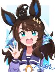  1girl absurdres ahoge animal_ears animal_on_head awaji_(hotel_kyuu_awaji) black_hair blue_eyes blush creature_and_personification daring_tact_(racehorse) daring_tact_(umamusume) hair_between_eyes hair_ornament highres horse_ears horse_girl long_hair looking_at_viewer on_head open_mouth portrait school_uniform signature simple_background solo teeth tracen_school_uniform umamusume upper_teeth_only waving white_background 