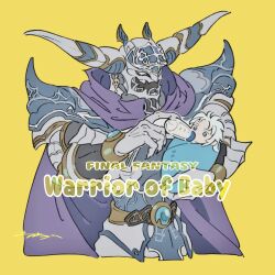  2boys aged_down armor baby belt blue_armor blue_eyes bottle cape character_request dene_tri english_text fake_horns final_fantasy full_armor helmet holding holding_baby holding_bottle horned_helmet horns long_hair male_focus multiple_boys shoulder_armor spiked_armor spiked_pauldrons white_hair yellow_background 