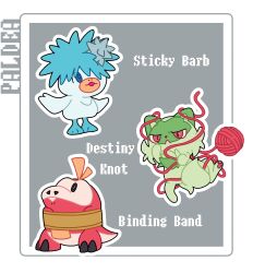  :&lt; animal_focus animal_hands binding_band_(pokemon) bird black_eyes blue_eyes blue_feathers border cat destiny_knot_(pokemon) duck fang feathers fuecoco full_body green_fur grey_background highres looking_at_viewer no_humans nose_poke000 open_mouth pokemon pokemon_(creature) quaxly red_eyes red_yarn simple_background spiky_hair sprigatito standing starter_pokemon_trio sticky_barb_(pokemon) white_border 