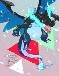  blue_fire bright_pupils charizard claws commentary_request fangs fire flame-tipped_tail mega_charizard_x no_humans open_mouth pokemon pokemon_(creature) pokemon_focus red_eyes sagemaru-br signature solo tongue white_pupils 