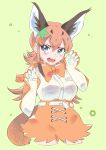  1girl animal_ears bare_shoulders black_hair blue_eyes blush bow bowtie caracal_(kemono_friends) caracal_ears cat_ears cat_girl cat_tail cowboy_shot elbow_gloves gloves hair_between_eyes high-waist_skirt highres kamisamanosaba kemono_friends long_hair multicolored_hair orange_bow orange_bowtie orange_gloves orange_hair orange_skirt shirt sidelocks skirt sleeveless solo tail two-tone_gloves white_gloves white_shirt 