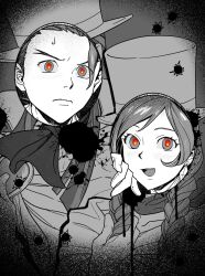  1boy 1girl ace_attorney apollo_justice apollo_justice:_ace_attorney blood blood_splatter braid bullet_hole cape chapssal_17 collarbone earrings frown gloves hat highres holding holding_own_hair jewelry lamiroir_(ace_attorney) long_hair neckerchief red_pupils small_sweatdrop smile teeth top_hat trucy_wright twin_braids upper_teeth_only valant_gramarye 