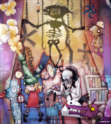  1boy 1girl artist_name big_nose blonde_hair book bookshelf clock coat colored_skin commentary curtains cyanporoco dog doll dress fish full_body gauge grey_skin lab_coat lamp lever original red_dress scientist smoke stuffing vial white_coat 