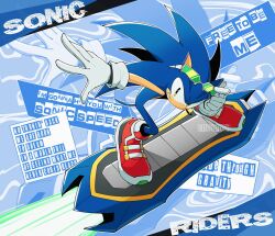 1boy artist_name blue_background english_commentary english_text eyewear_on_head furry furry_male green_eyes highres hoverboard looking_at_viewer outstretched_arm smile solo sonic_(series) sonic_riders sonic_riders_(series) sonic_the_hedgehog sonic_the_hedgehog_(riders) text_background trizziefrizzie