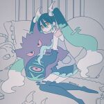  1girl bare_shoulders blue_hair blue_sleeves blue_thighhighs closed_mouth commentary_request detached_arm detached_sleeves full_body ghost_miku_(project_voltage) glitch grey_background grey_shirt hair_between_eyes hatsune_miku haunter highres hug indoors long_hair misdreavus pale_skin pillow pokemon print_sleeves project_voltage see-through see-through_skirt shirt skirt sleeveless sleeveless_shirt sleeves_past_fingers sleeves_past_wrists solo stuffed_toy thigh-highs twintails twitter_username very_long_hair vocaloid white_hair yellow_eyes yonoko_k 