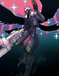  1boy absurdres arm_cannon asymmetrical_dual_wielding beelzebumon beelzebumon_blast_mode black_jacket black_pants black_shirt black_wings blonde_hair cropped_jacket digimon digimon_(creature) dual_wielding eye_mask feathered_wings green_eyes gun highres holding holding_gun holding_weapon jacket kyuri_bakuhatu male_focus pants shirt sketch solo third_eye weapon wings 