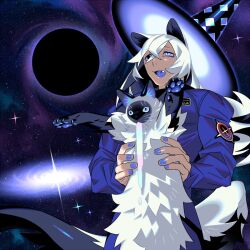  1boy animal animal_ears black_eyes black_hair black_hole blue_eyes blue_jumpsuit cat colored_inner_hair cowboy_shot eda fang galaxy heterochromia holding holding_animal jumpsuit long_hair longcat_(meme) male_focus meme multicolored_hair multiple_tails muscular muscular_male original solo space tail vomiting_rainbows white_hair 
