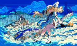  1girl artdroiiid_ii black_gloves blonde_hair blue_sky boots closed_mouth clouds cloudy_sky commentary floating_hair gloves hair_ornament hand_on_own_hat hat high_heel_boots high_heels highres holding holding_staff ligne_claire long_hair long_sleeves looking_at_viewer midair outdoors phoebe_(wuthering_waves) riding shirt skirt sky smile solo staff tacet_mark_(wuthering_waves) very_long_hair violet_eyes white_boots white_hat white_shirt white_skirt wind wuthering_waves x_hair_ornament 